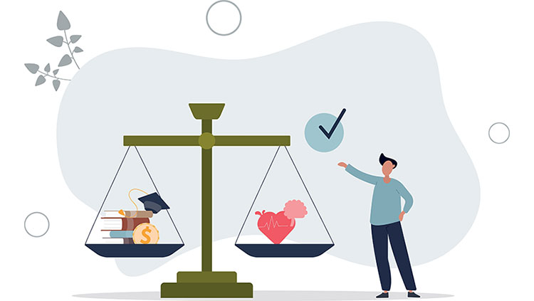 Illustrated character next to scales